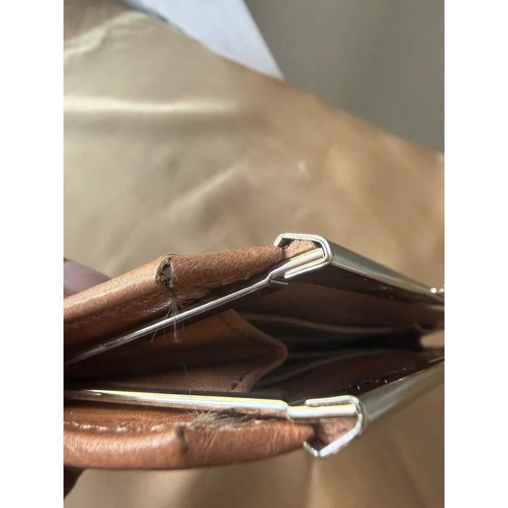 Abas Tan Leather Frame Wallet Kiss Lock Clutch Silver Hardware Tan Brown